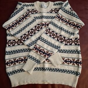 Pendleton Cream and Blue Geometric Crewneck Sweater